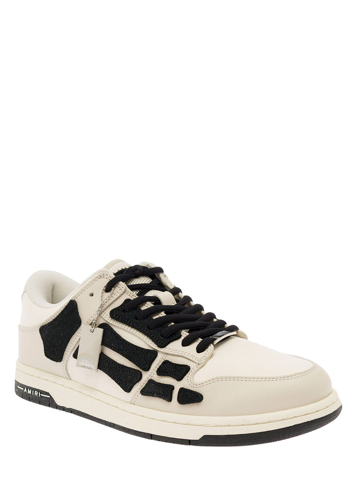 Skel Top Low White And Black Sneakers With Skeleton Patch Leather Man