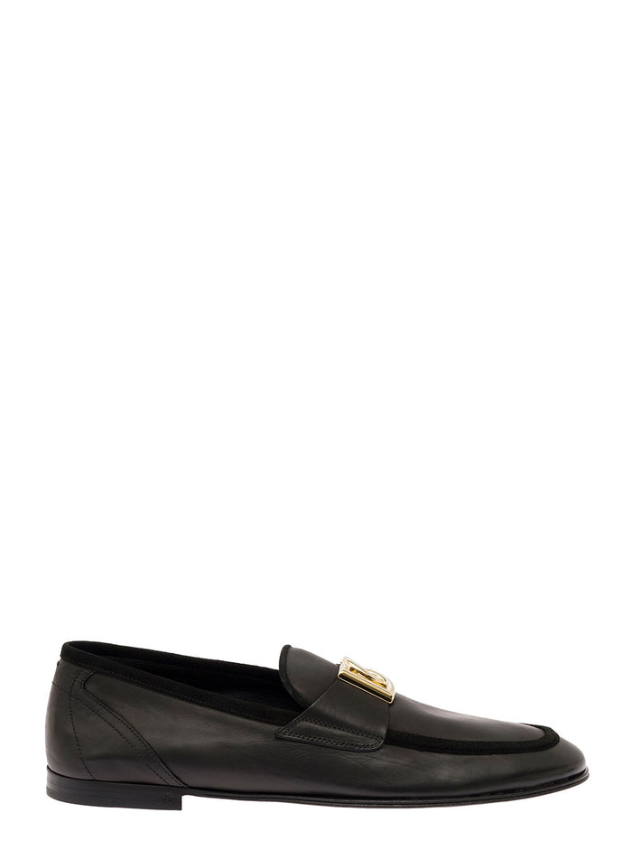 Black Loafers With Interlocking Dg Logo Placque Leather Man Calf