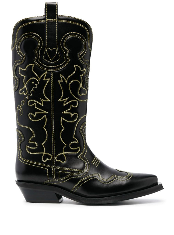 Black Cowboy Boots With Contrasting Embroidered Stitching Leather Woman Calf
