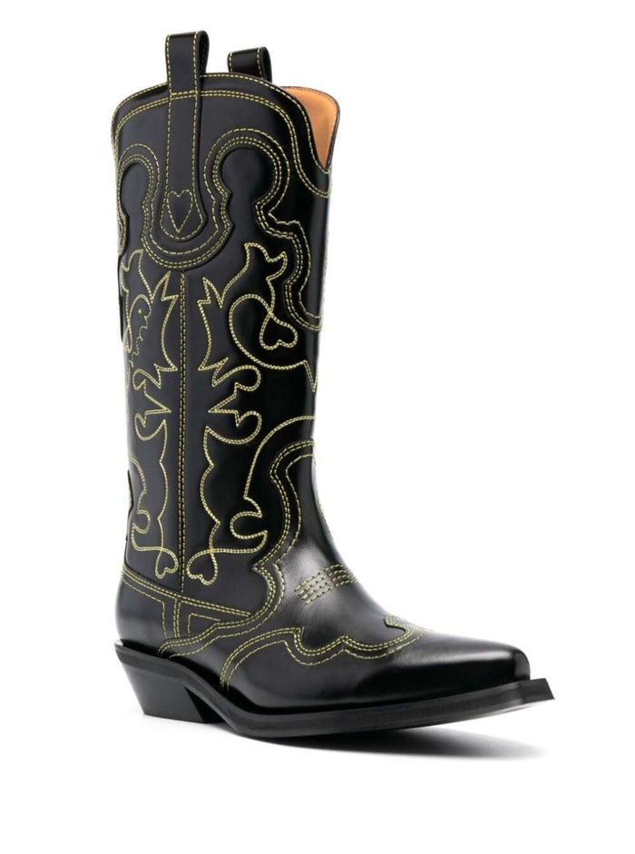 Black Cowboy Boots With Contrasting Embroidered Stitching Leather Woman Calf