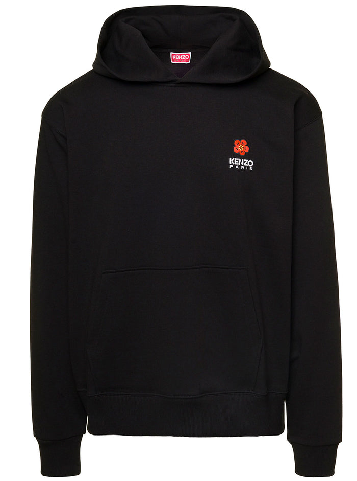 Black Hoodie With Broke Flower Crest Embroidey Cotton Man Kenzo Sweatshirts