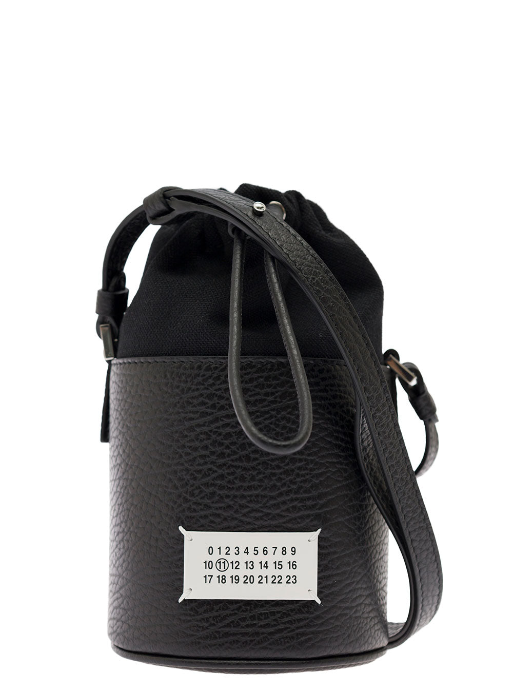 5ac Mini Black Bucket Hat With Shoulder Strap Grained Leather And Cotton Canvas Woman Polyvinyl Butyral Crossbody Bags