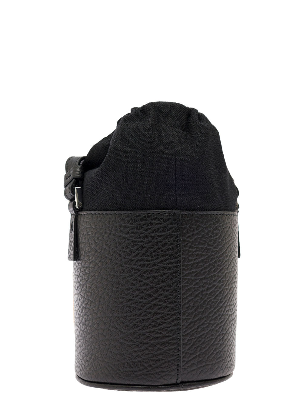 5ac Mini Black Bucket Hat With Shoulder Strap Grained Leather And Cotton Canvas Woman Polyvinyl Butyral Crossbody Bags