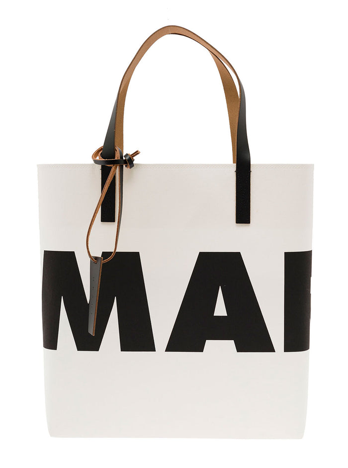 Black And White Paper Fabric Shopper Bag With Logo Marni Woman Cellulose Tote