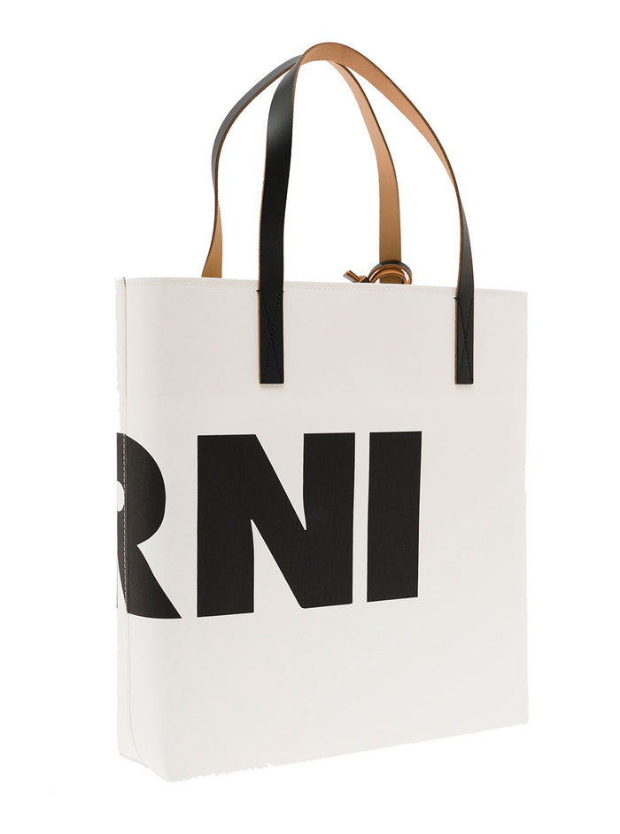 Black And White Paper Fabric Shopper Bag With Logo Marni Woman Cellulose Tote