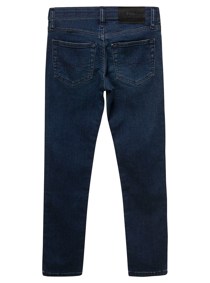 Blue Five Pockets Jeans With Logo Patch Stretch Cotton Denim Boy Blu Elasterell