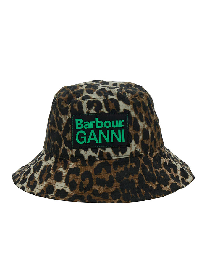Brown Bucket Hat With Double Logo Patch And Leopard Print Waxed Cotton Woman Gloves