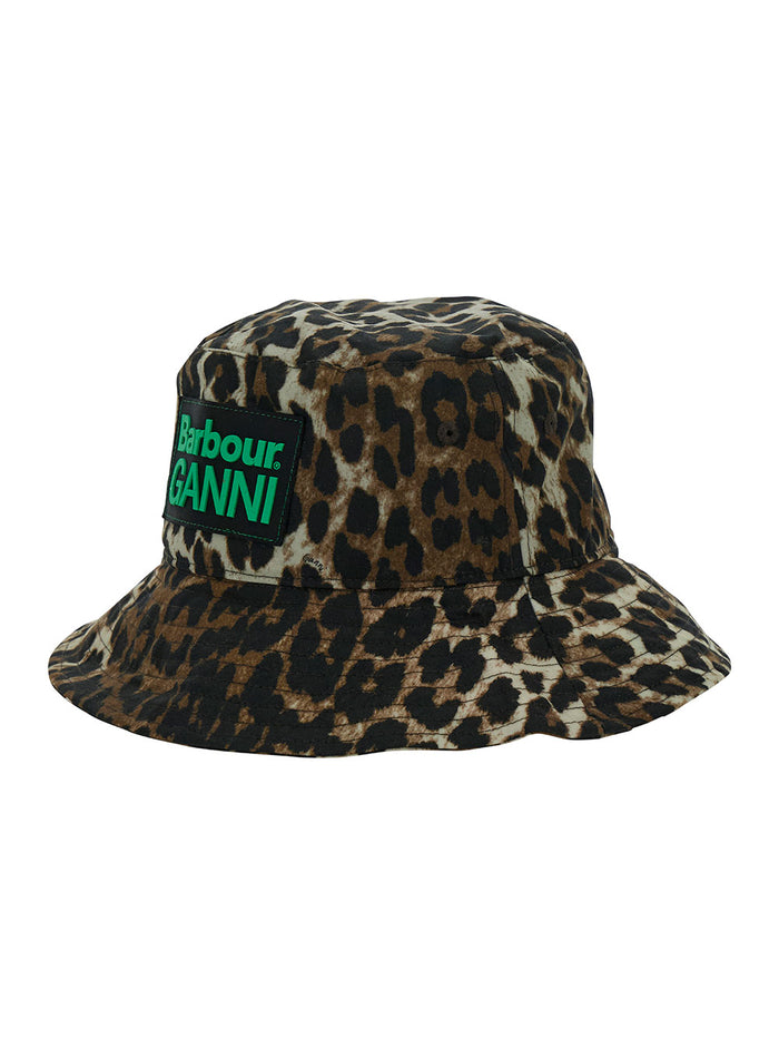 Brown Bucket Hat With Double Logo Patch And Leopard Print Waxed Cotton Woman Gloves