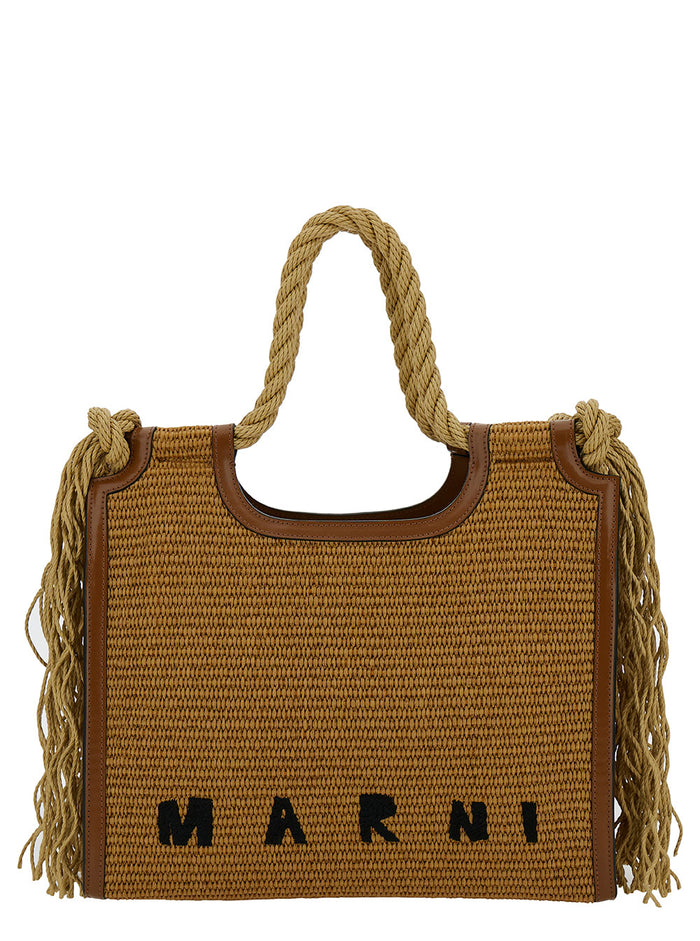 Summer Beige Tote Bag With Cord Handles And Logo Detail Rafia Woman Cotton Polyamide