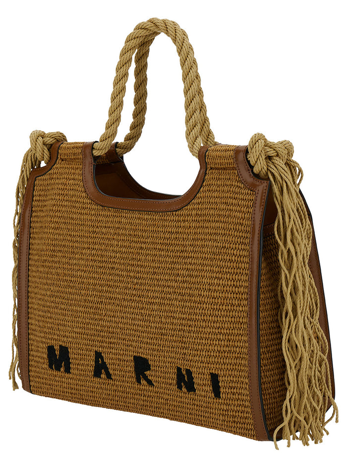 Summer Beige Tote Bag With Cord Handles And Logo Detail Rafia Woman Cotton Polyamide