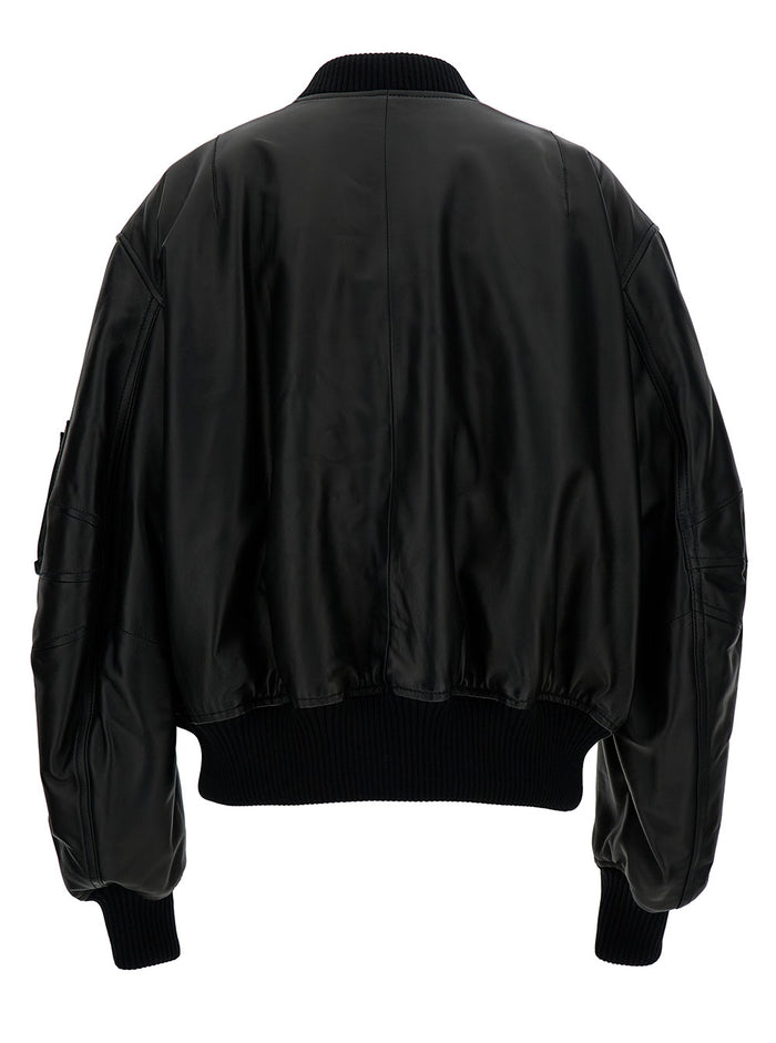 Anja Black Oversized Bomber Jacket With Pocket Smooth Leather Woman Lamb