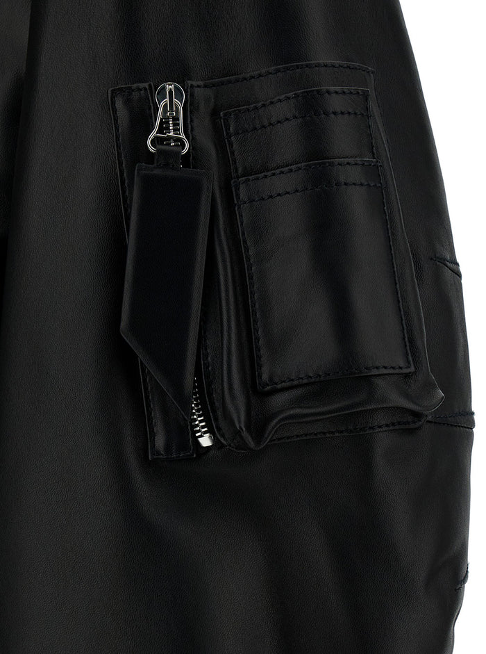 Anja Black Oversized Bomber Jacket With Pocket Smooth Leather Woman Lamb