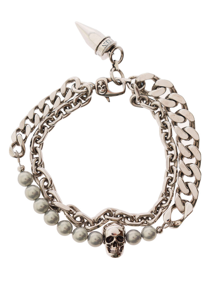 Antique Silver Pearl And Skull Stud Bracelet Brass Man Metallic