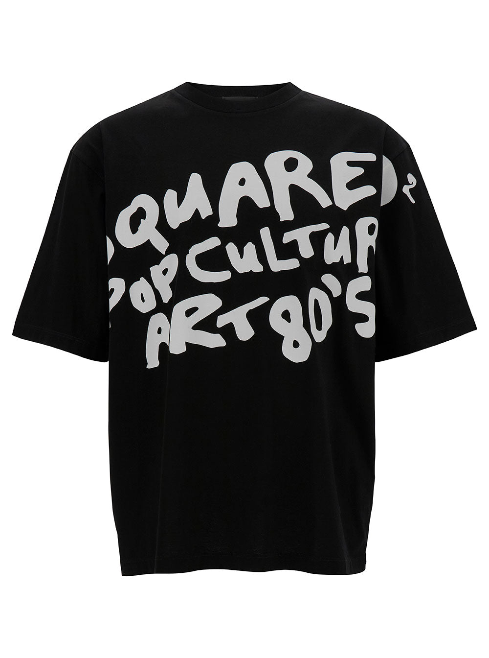 Black Crewneck T-Shirt With 80s Contrasting Logo Print Cotton Man Tshirts And Polo Shirts