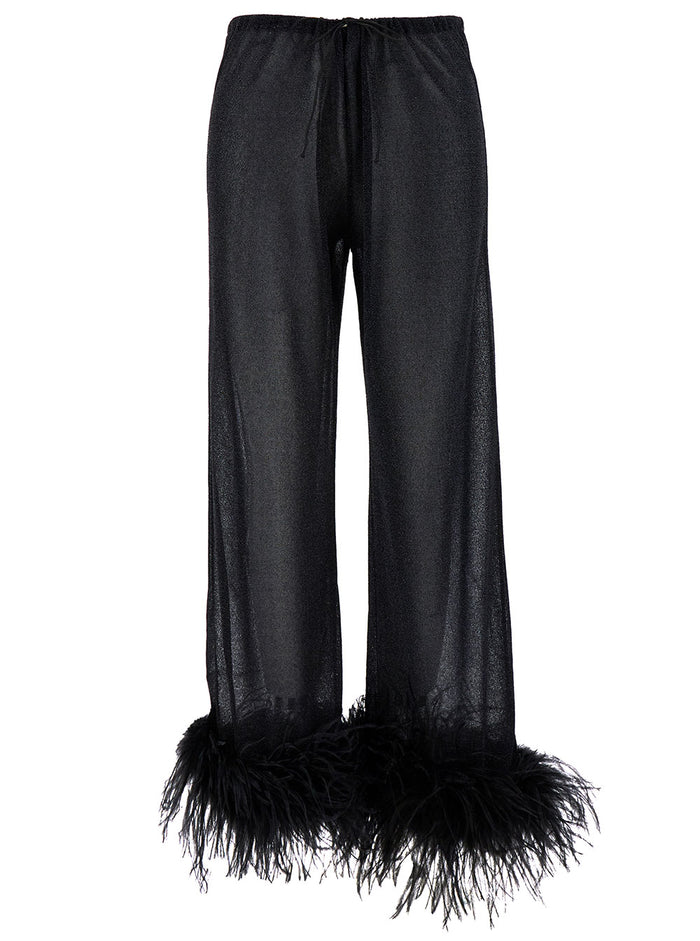 Lumière Plumage Black Pants With Feathers And Drawstring Polyamide Blend Woman Metallic Trousers