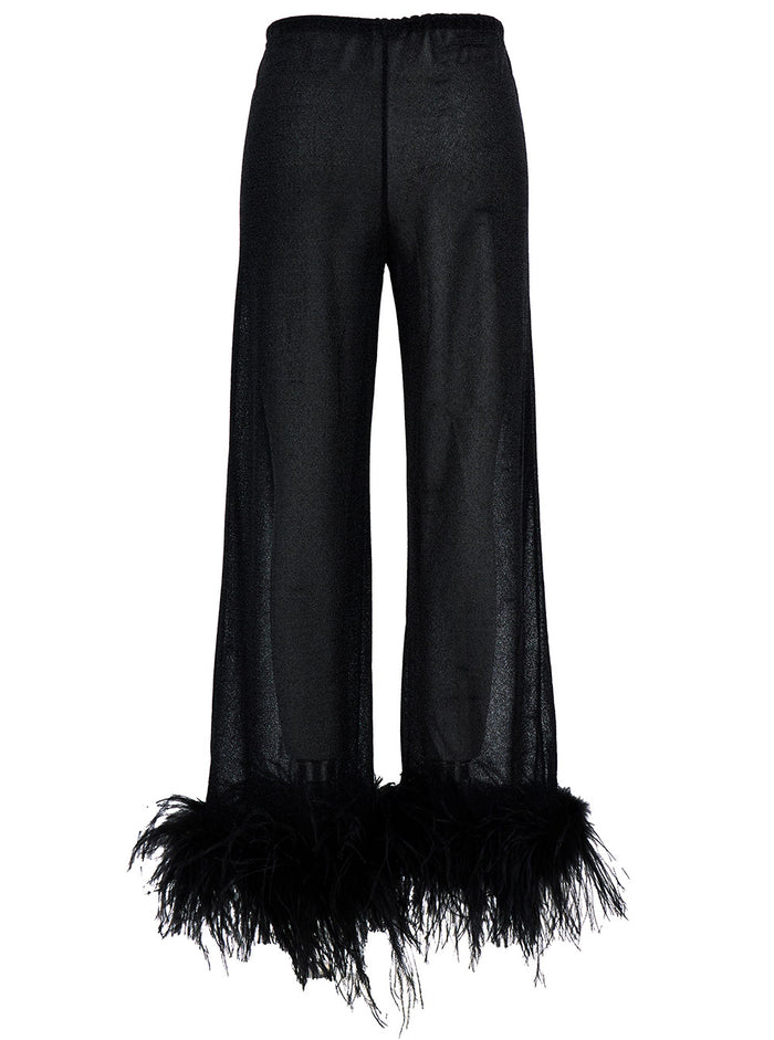 Lumière Plumage Black Pants With Feathers And Drawstring Polyamide Blend Woman Metallic Trousers