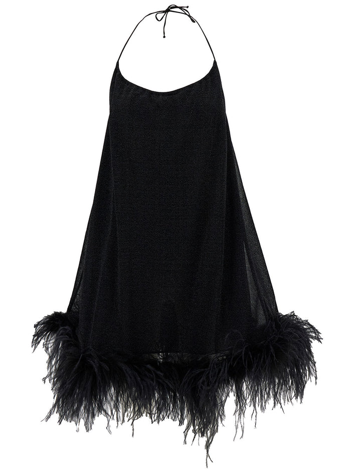 Mini Black Dress With Halterneck And Feathers Polyamide Blend Woman Metallic