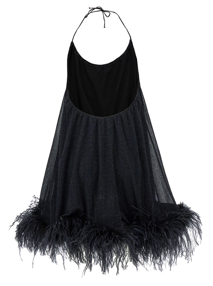 Mini Black Dress With Halterneck And Feathers Polyamide Blend Woman Metallic
