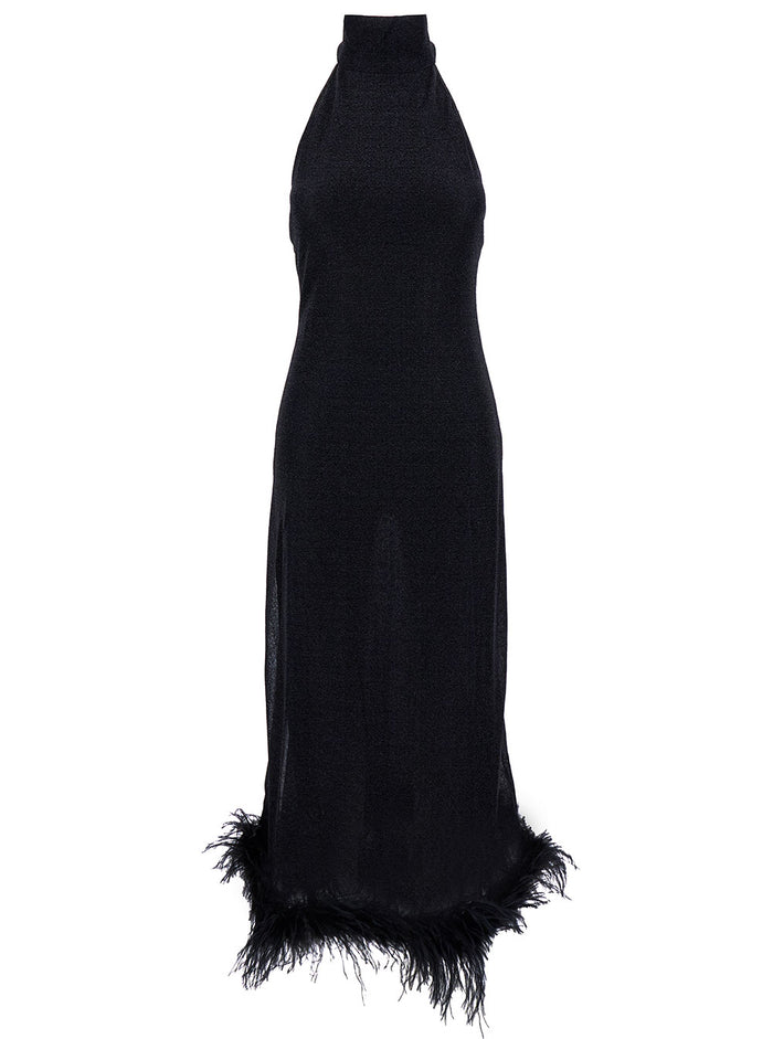 Long Black Dress With High Neck And Feathers Lurex Woman Polyamide Metallic