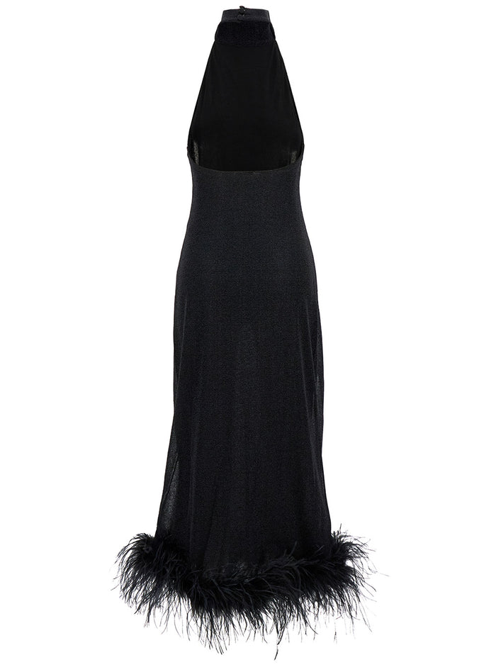Long Black Dress With High Neck And Feathers Lurex Woman Polyamide Metallic