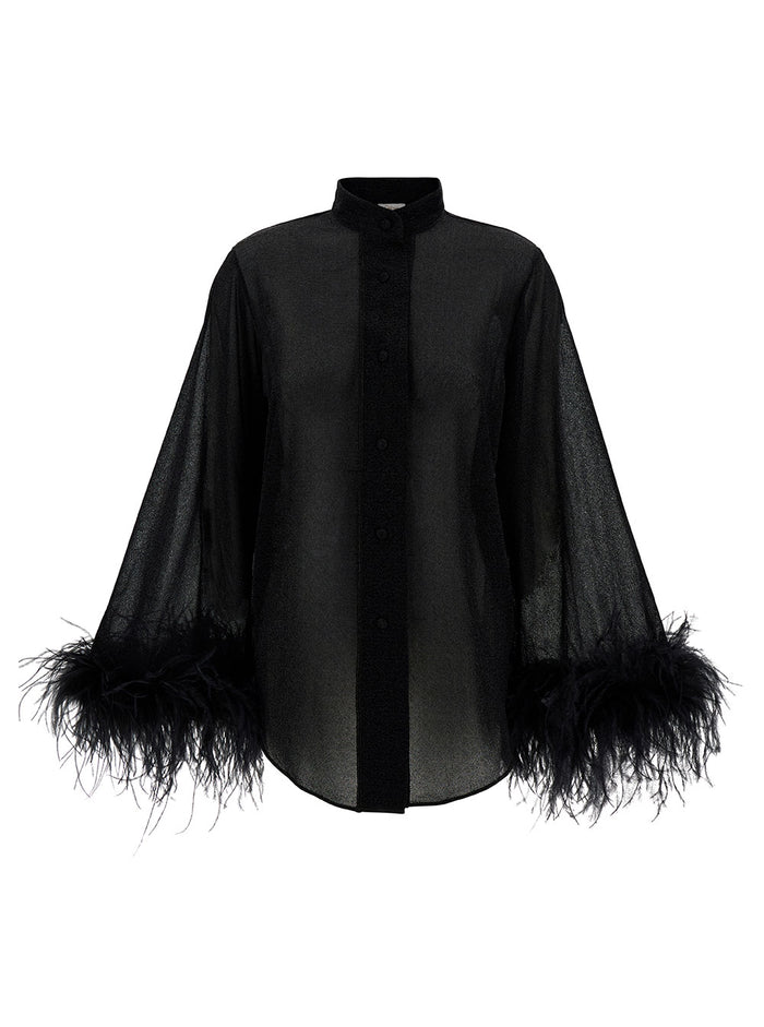 Lumière Black Relaxed Shirt With Tonal Feathers Polyamide Blend Woman Metallic And Blouses