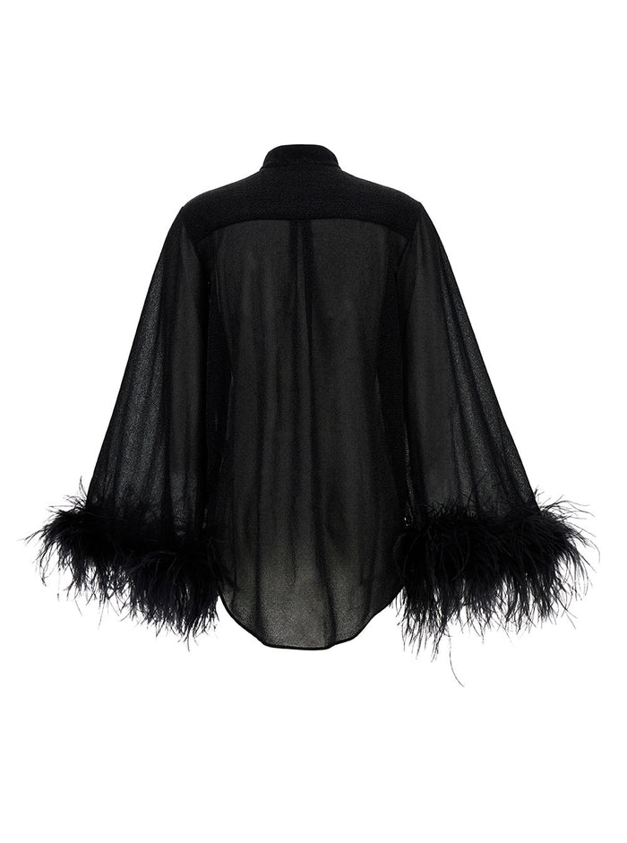 Lumière Black Relaxed Shirt With Tonal Feathers Polyamide Blend Woman Metallic And Blouses