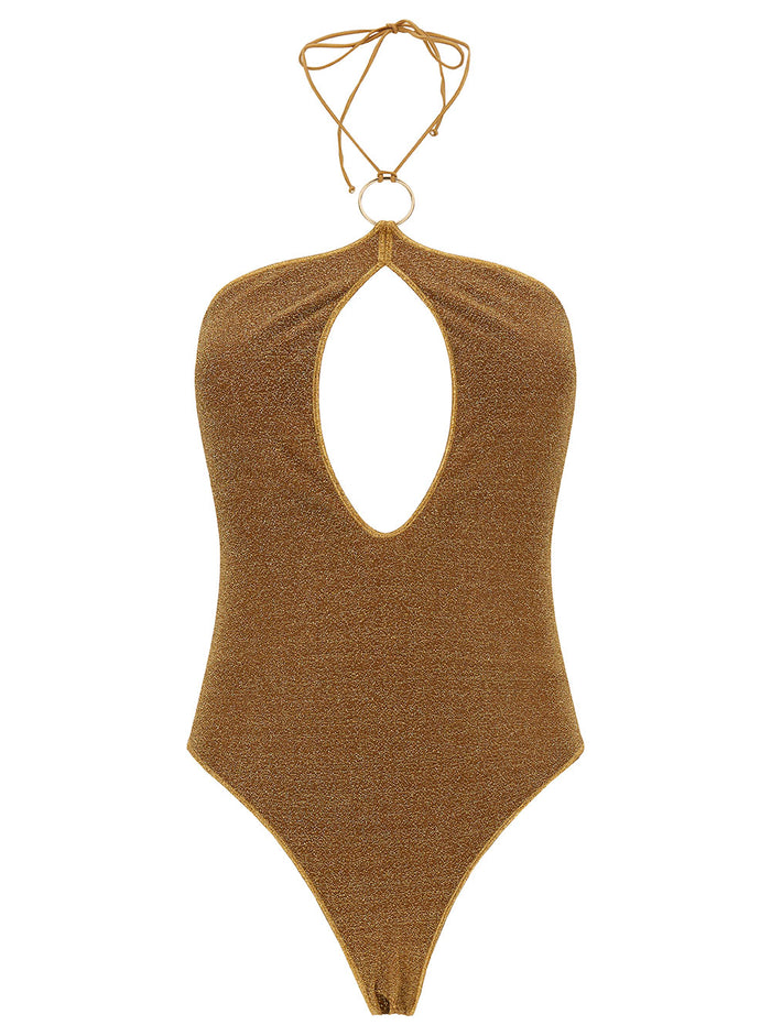Lumière Gold One-Piece Swimsuit With Cut-Out And Ring Polyamide Blend Woman Metallic Beachwear