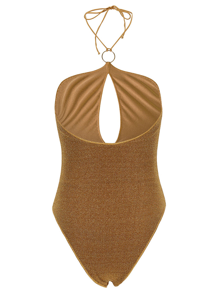 Lumière Gold One-Piece Swimsuit With Cut-Out And Ring Polyamide Blend Woman Metallic Beachwear