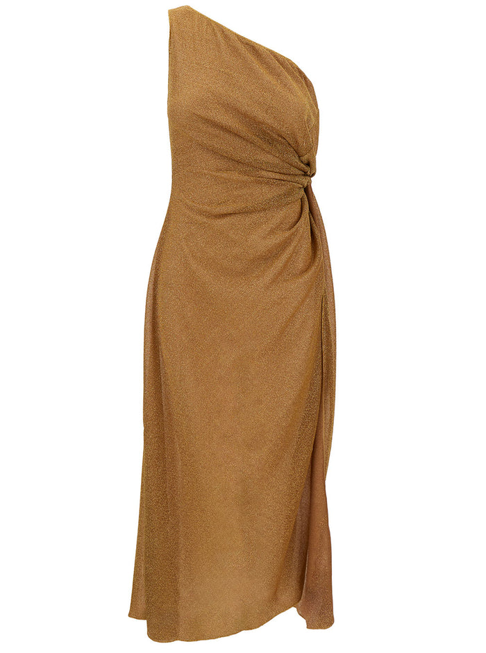 Lumière Midi Gold Dress With Knot Detail Lurex Woman Metallic Polyamide Long