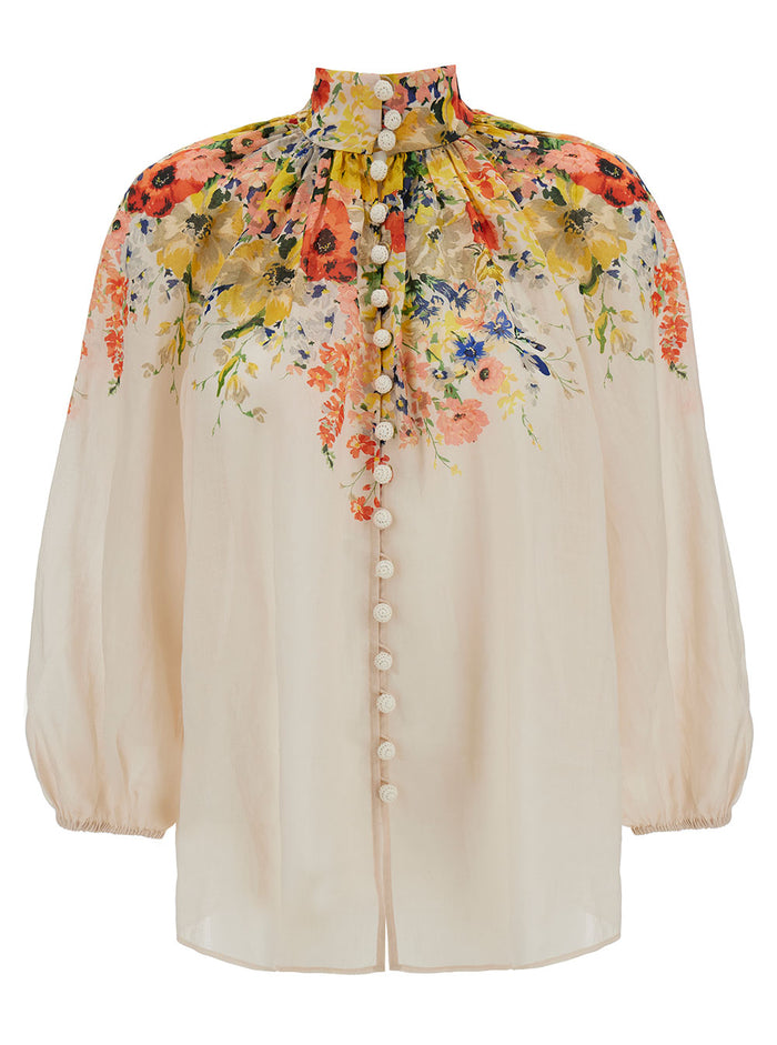 White Blosue With Floreal Print Linen Woman Ramie Shirts And Blouses
