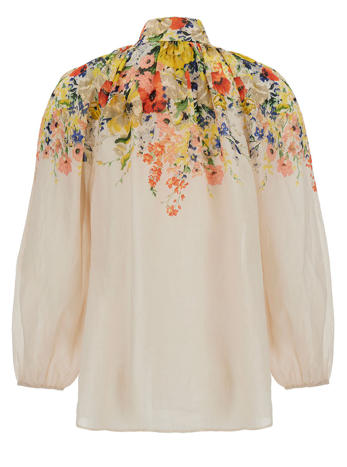 White Blosue With Floreal Print Linen Woman Ramie Shirts And Blouses