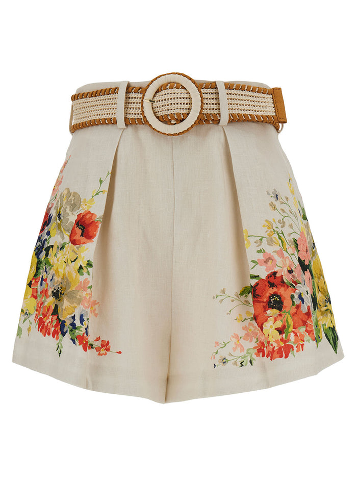 White Shorts With Floreal Print And Belt Linen Woman Bermuda