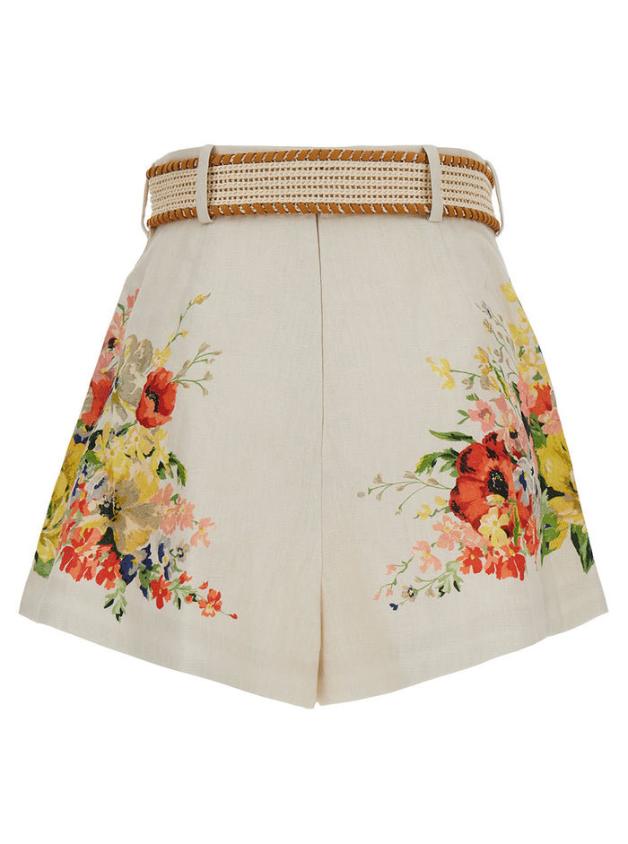 White Shorts With Floreal Print And Belt Linen Woman Bermuda