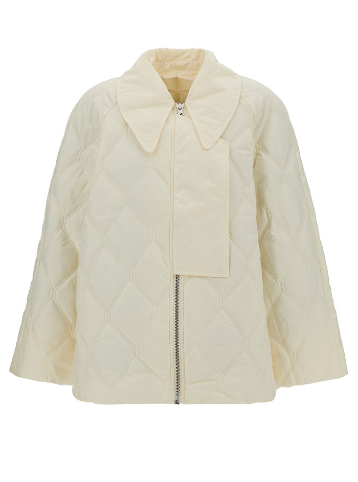 Cream White Quilted Jacket With Oversized Collar Recyclaed Polyamide Woman Recycled Polyester