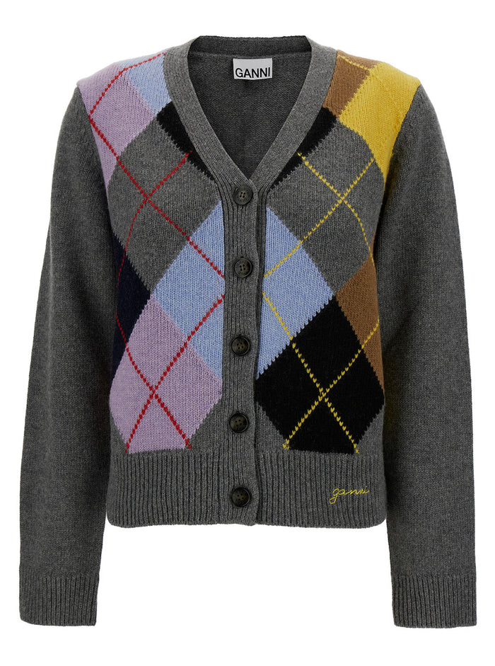 Grey Knit Cardigan With Check Print Wool Blend Woman Jersey