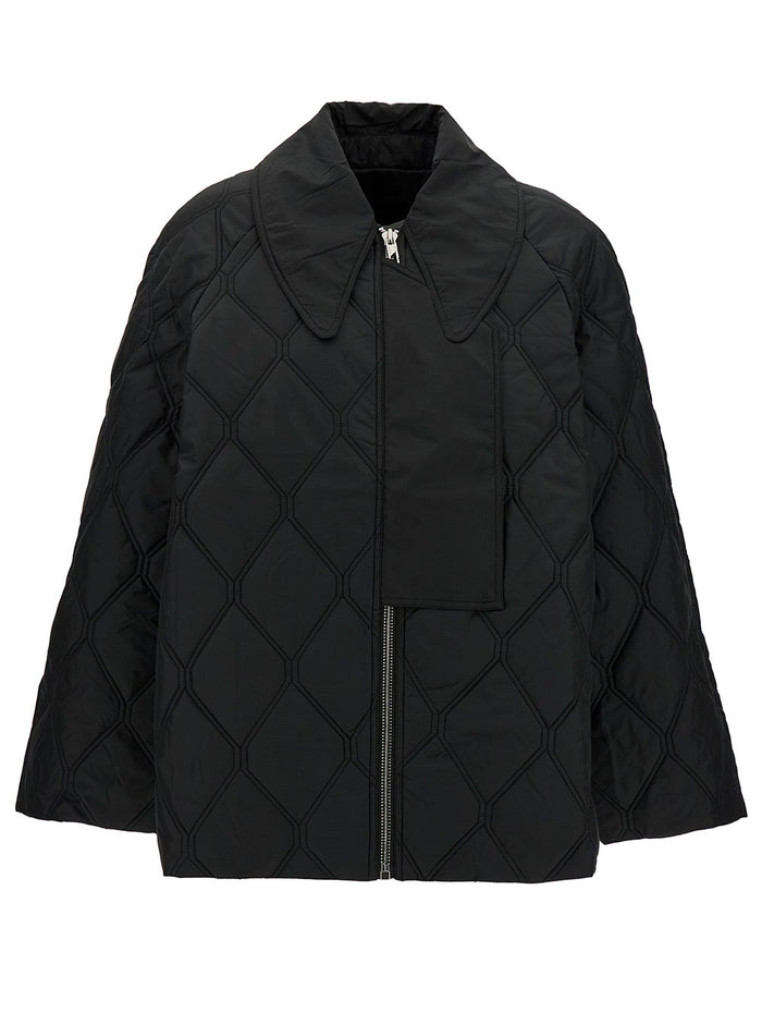 Black Quilted Jacket With Oversized Collar Recyclaed Polyamide Woman Recycled Polyester