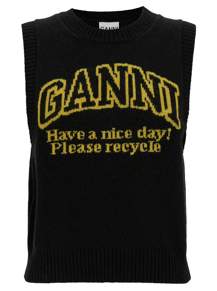 Black Sleeveless Vest With Contrasting Logo Wool Blend Woman Tops