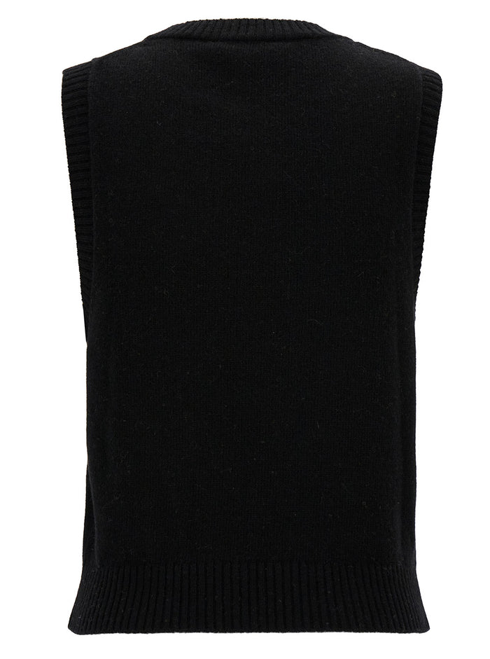 Black Sleeveless Vest With Contrasting Logo Wool Blend Woman Tops