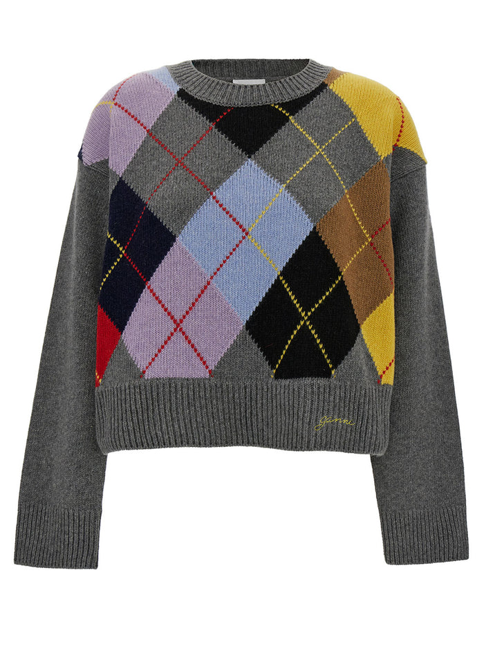 Grey Oversized Sweater With Check Print Wool Blend Woman Jersey
