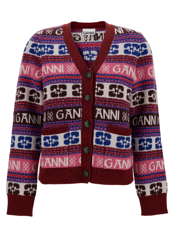 Multicolor Cardigan With All-Over Logo Motif Wool Blend Woman Jersey
