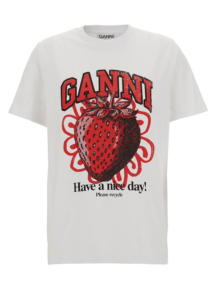 White Crewneck T-Shirt With Strawberry And Logo Print Cotton Woman Organic Tshirts Polo Shirts
