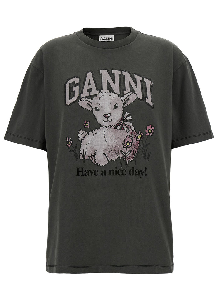 Black Crewneck T-Shirt With Lamb And Logo Print Recycled Cotton Woman Tshirts Polo Shirts