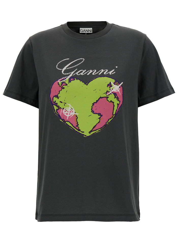 Black Crewneck T-Shirt With Heart And Logo Print Cotton Woman Organic Tshirts Polo Shirts