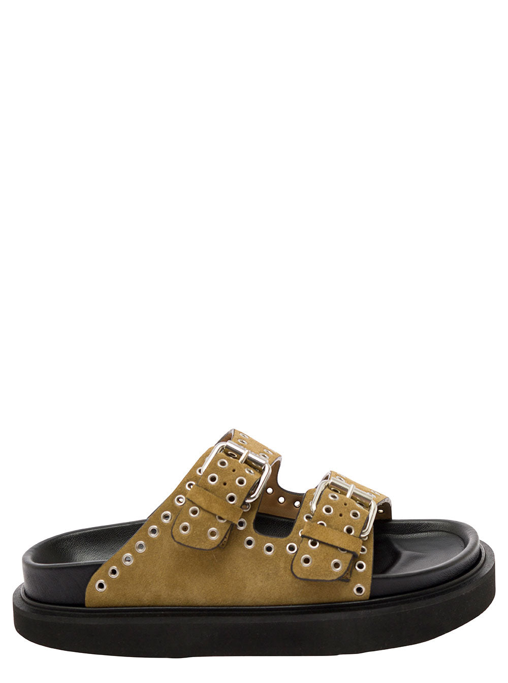 Beige Sandals With Studs And Double Buckle Strap Leather Woman Calf Flat Shoes