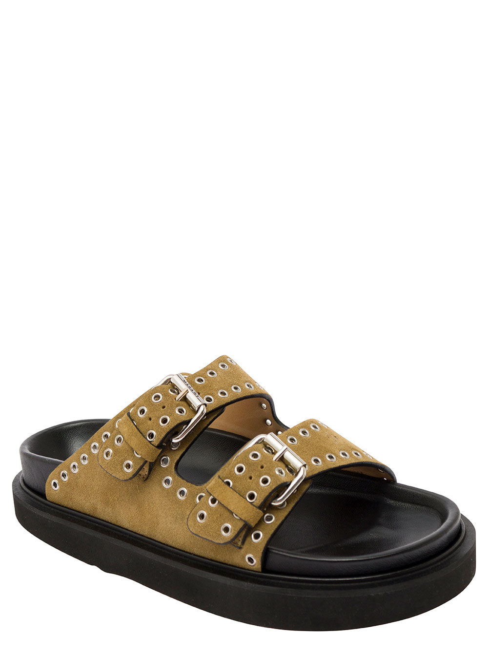 Beige Sandals With Studs And Double Buckle Strap Leather Woman Calf Flat Shoes