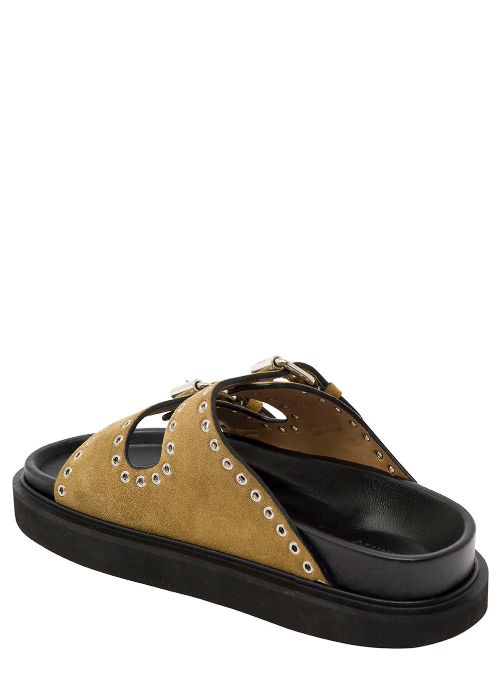 Beige Sandals With Studs And Double Buckle Strap Leather Woman Calf Flat Shoes