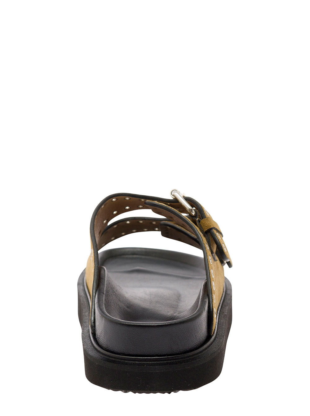 Beige Sandals With Studs And Double Buckle Strap Leather Woman Calf Flat Shoes