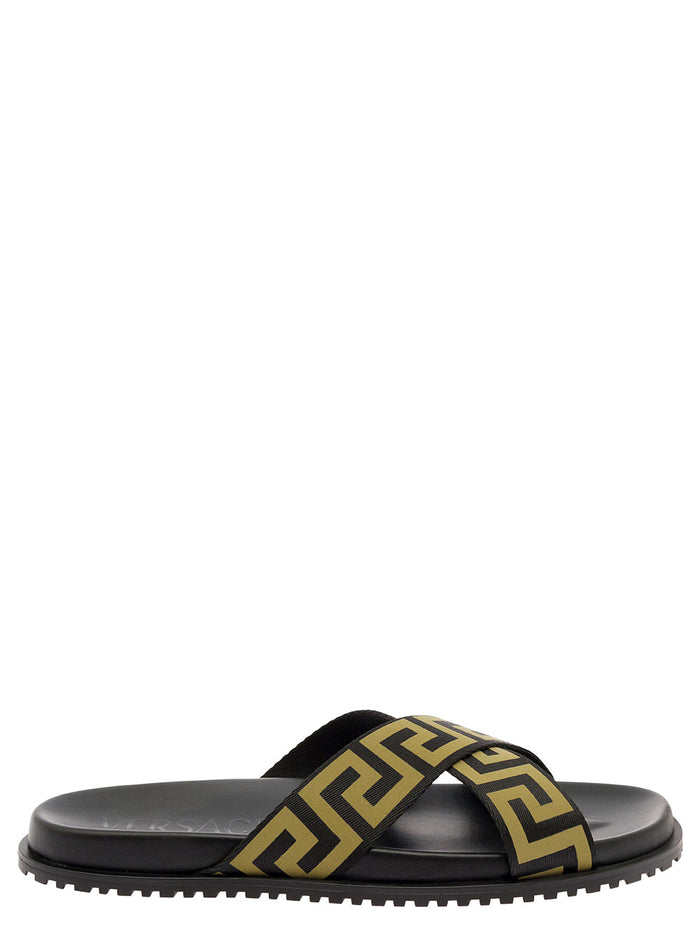 Cross Greca Black Polyester Flat Shoes