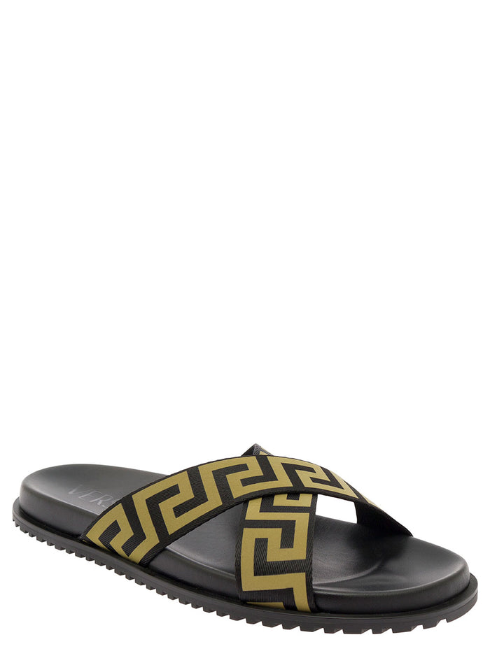 Cross Greca Black Polyester Flat Shoes