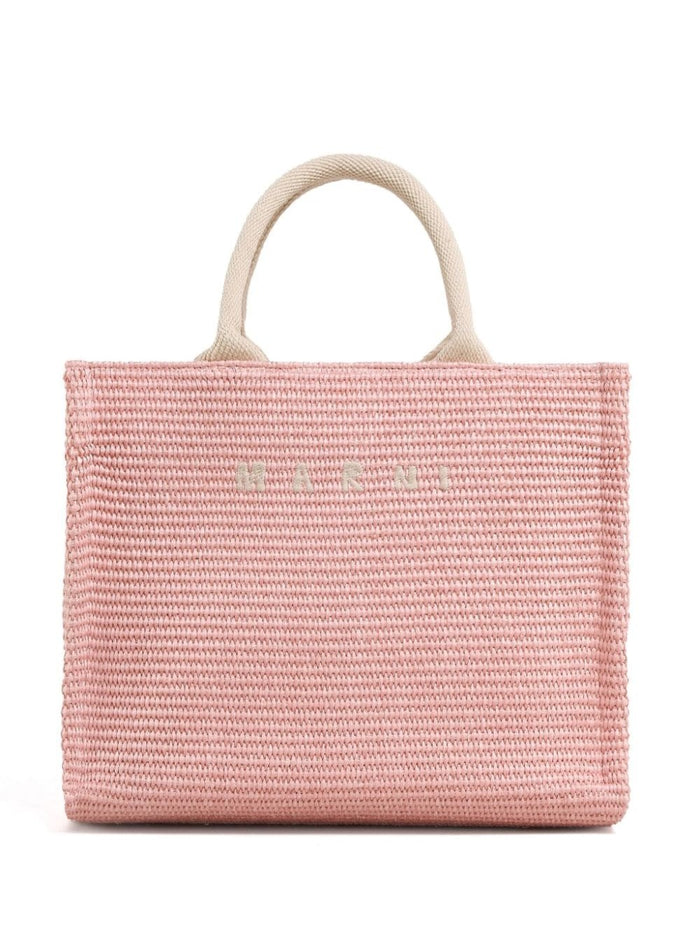 Pink Tote Bag With Logo Embroidery Rafia Effect Fabric Woman Cotton Polyamide Hand